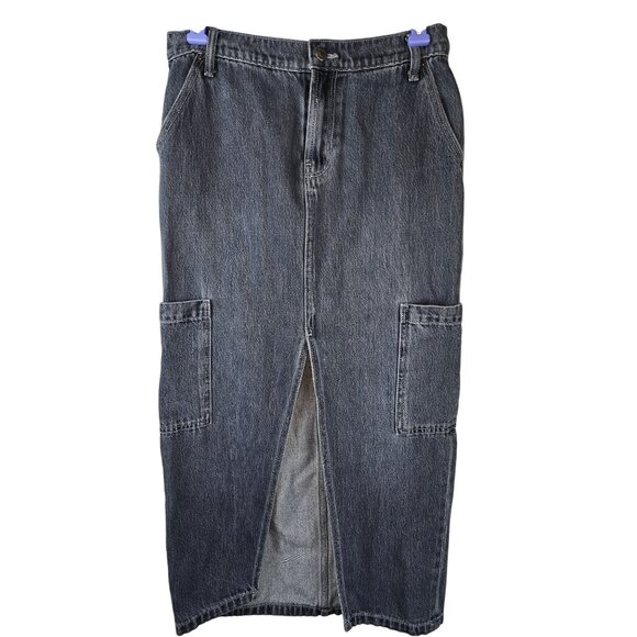 Old Navy Denim Cargo Maxi Skirt Mid-Rise Size 2 Blue Cotton Blend Front Slit - Picture 1 of 6